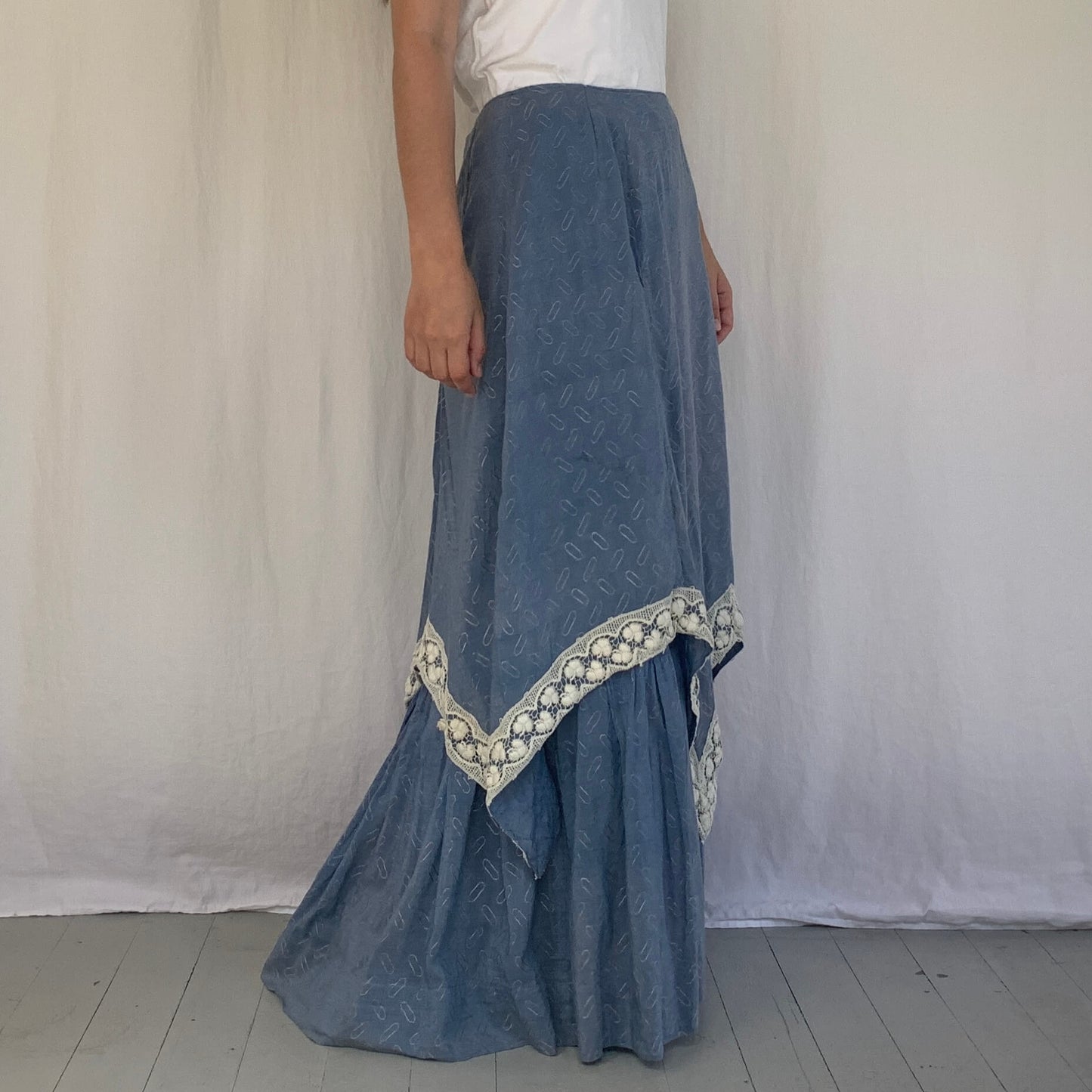 blue edwardian skirt on a model