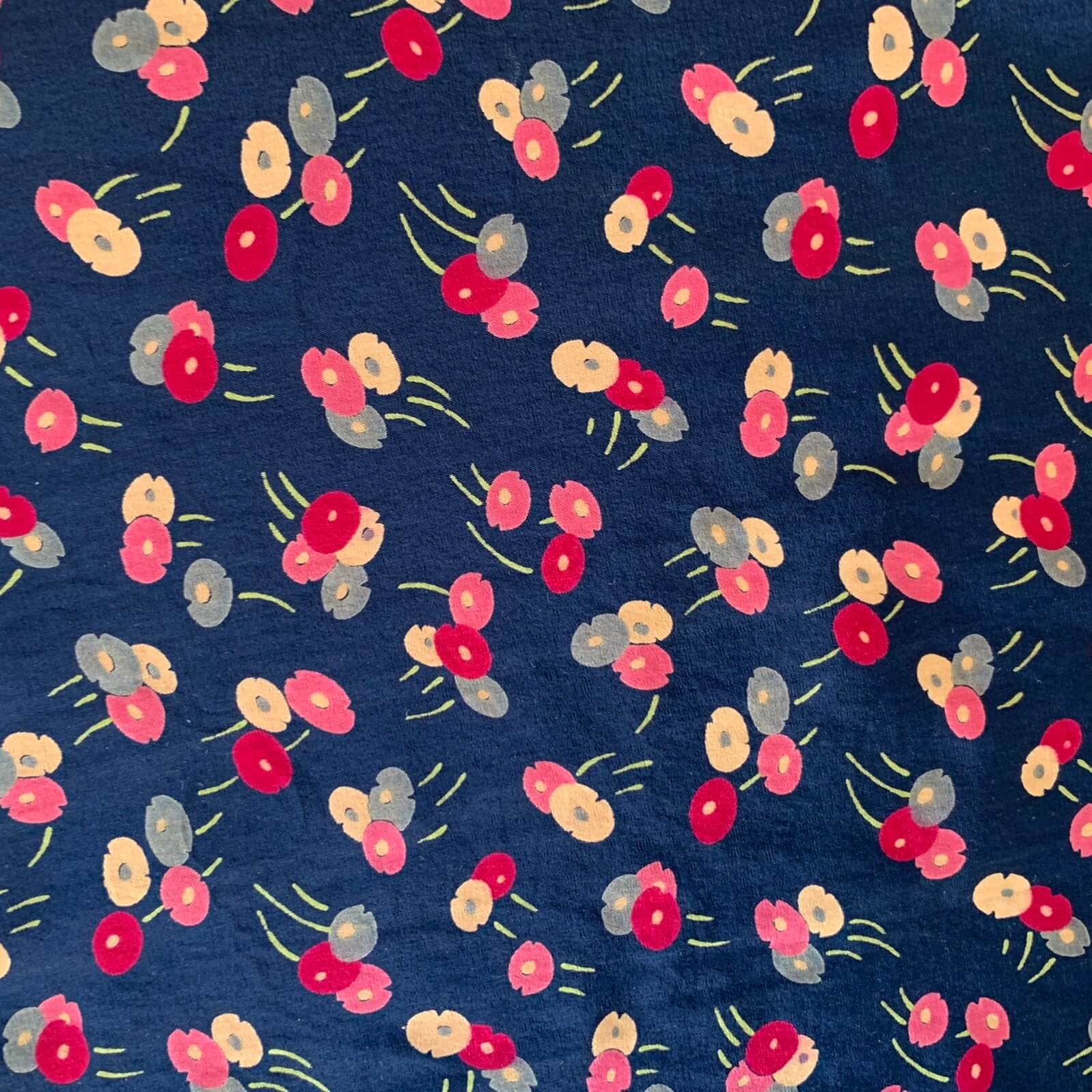 multicolored floral print on a navy silk background