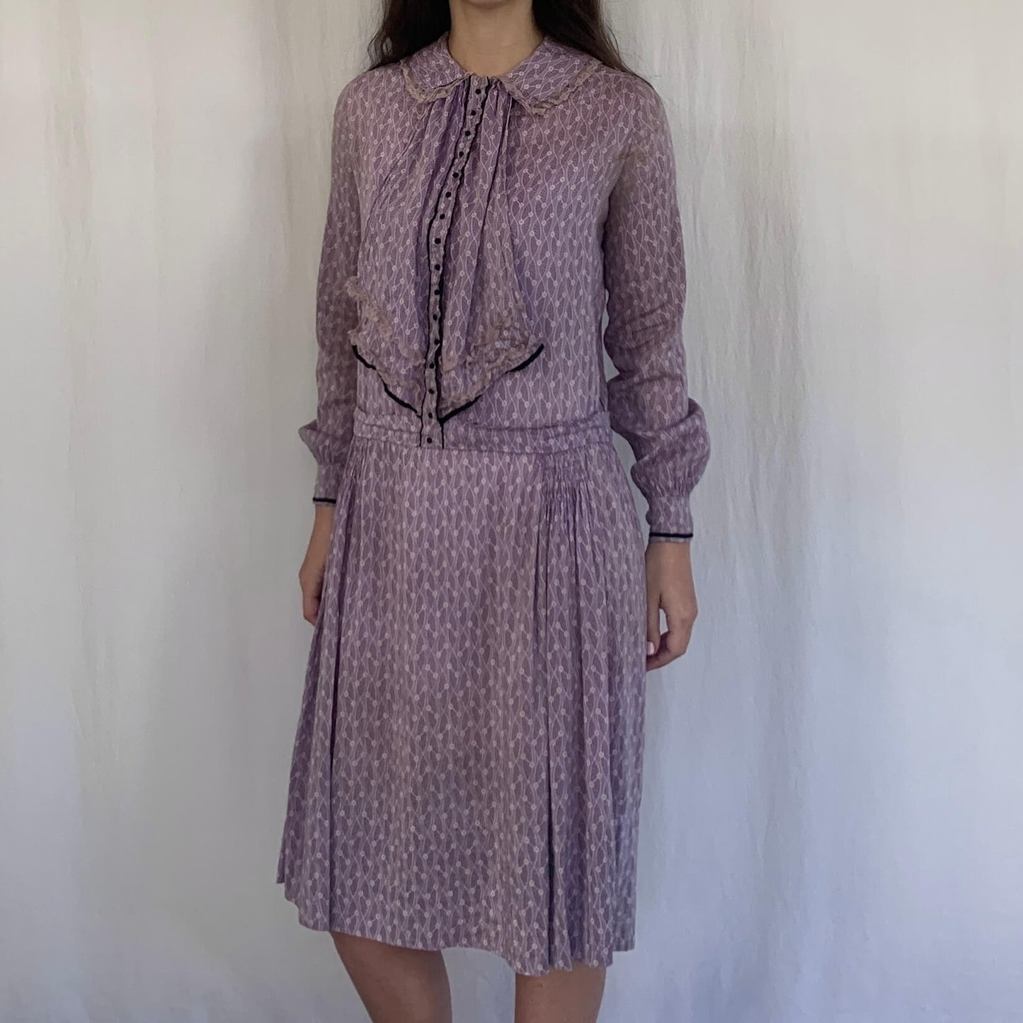 1920s drop waist dress with jabot collar in purple silk