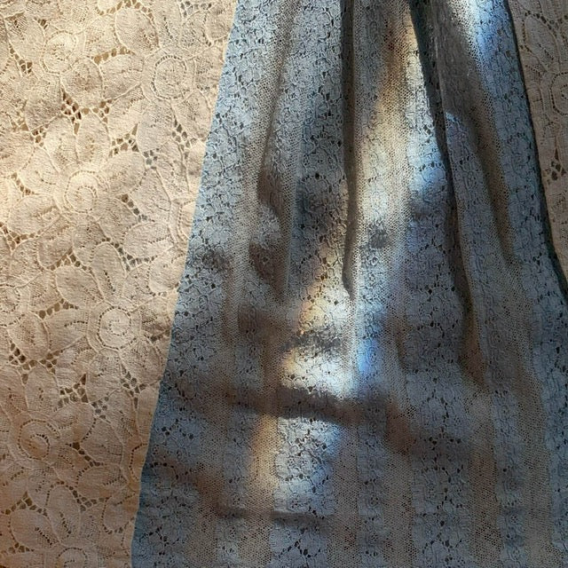 close up view of floral lace in ivory and blue