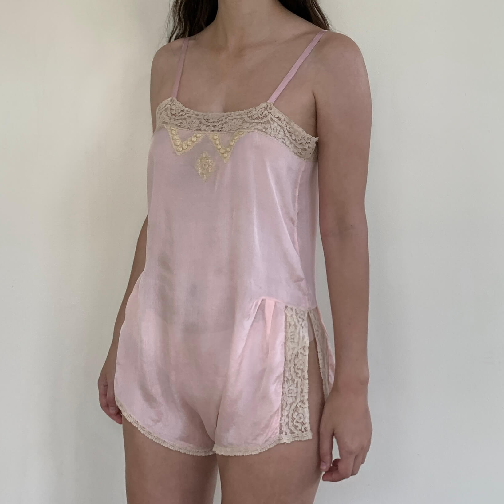 1920s silk teddy in pink with ivory lace and embroidery