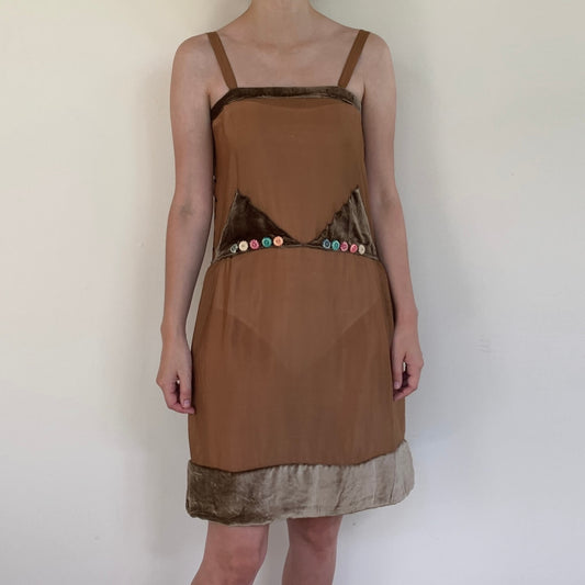1920s slip dress in chocolate brown silk with colorful buttons