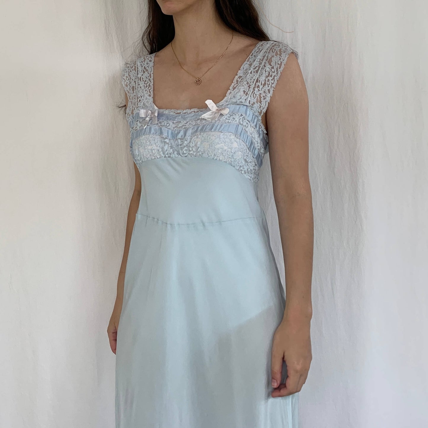 Vintage 1930s bias cut dress in light blue rayon with lace bodice