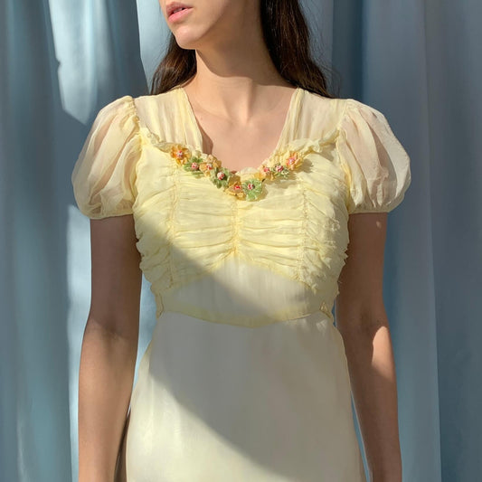 1930s bias cut dress in sheer yellow with floral applique