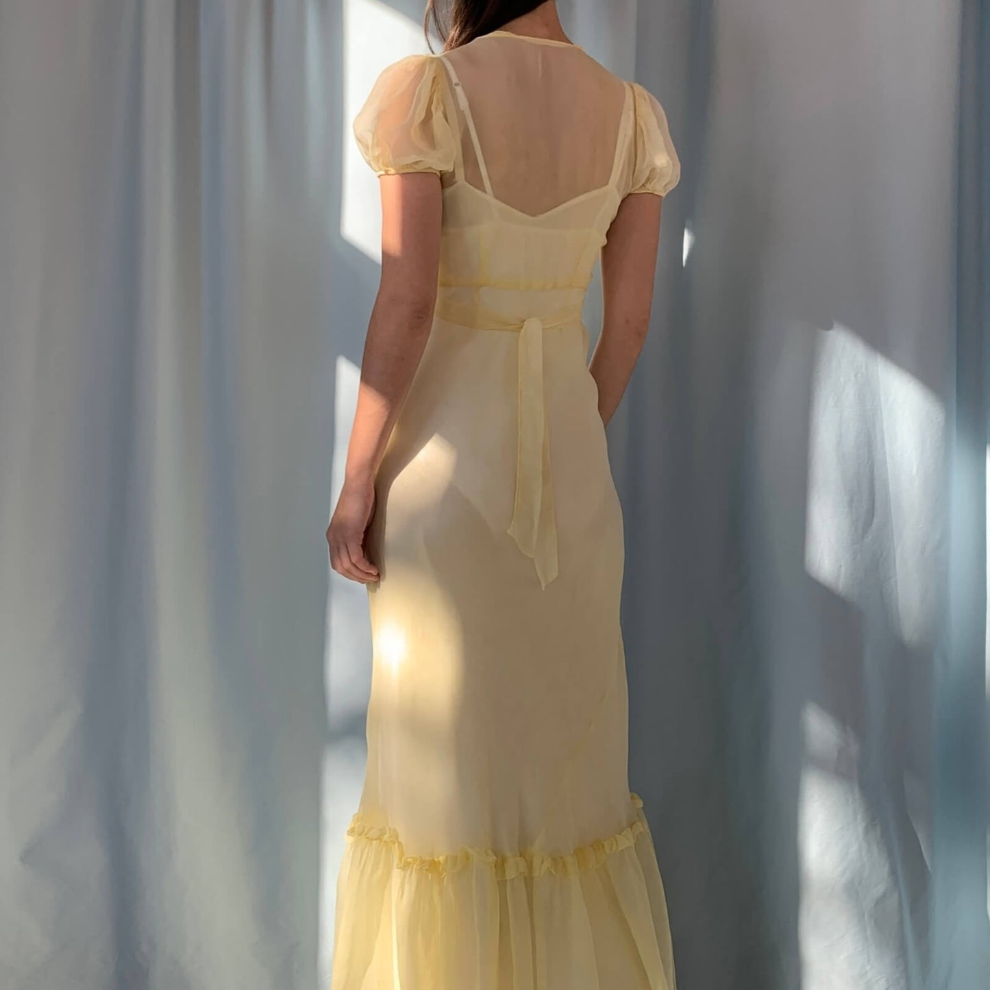 back view of the 1930s yellow vintage maxi dress