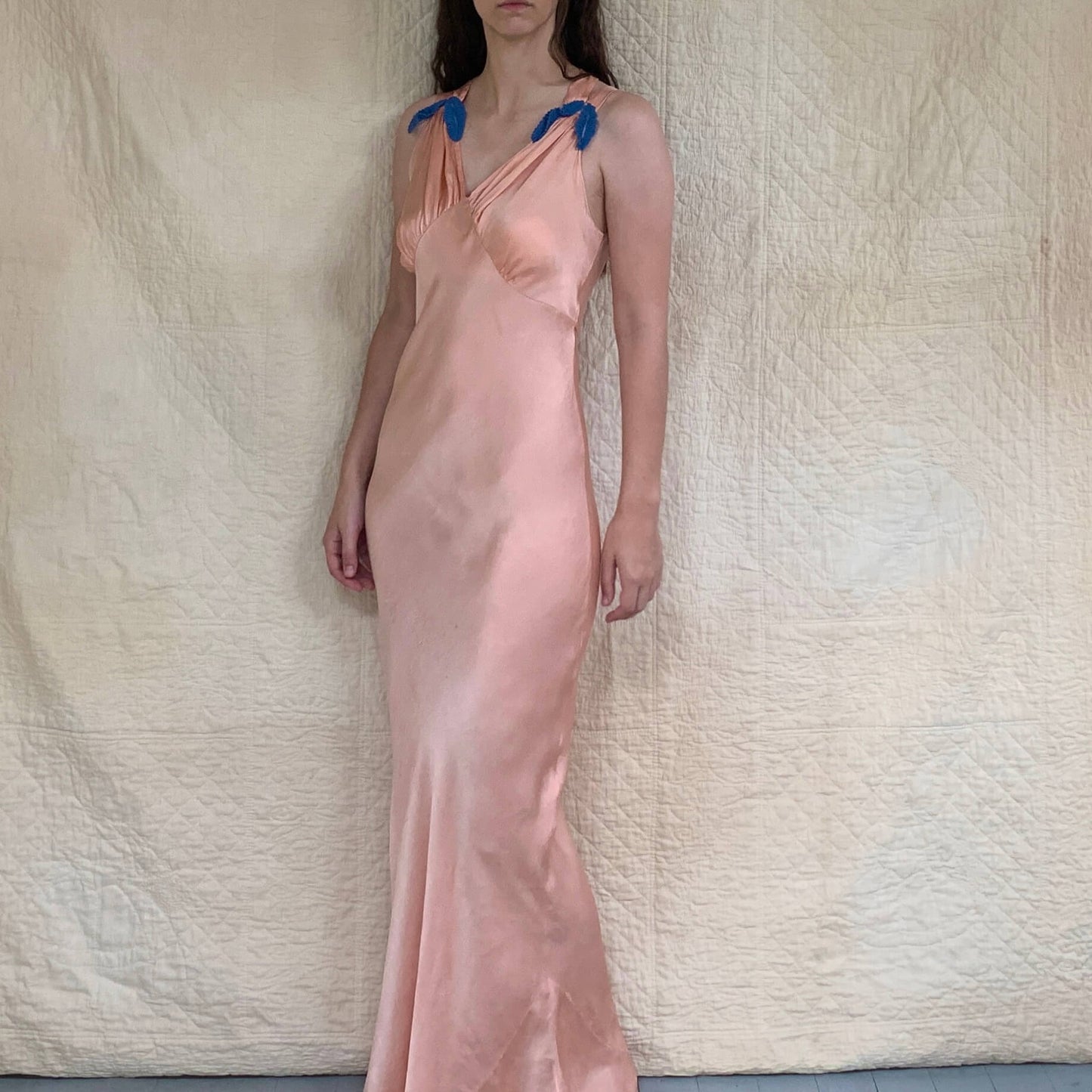 model wearing the vintage silk nightgown in pink
