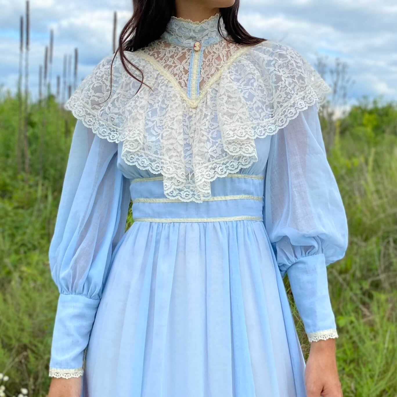 detail of blue cotton dress with white lace ruffle and high neck collar with a field in the background