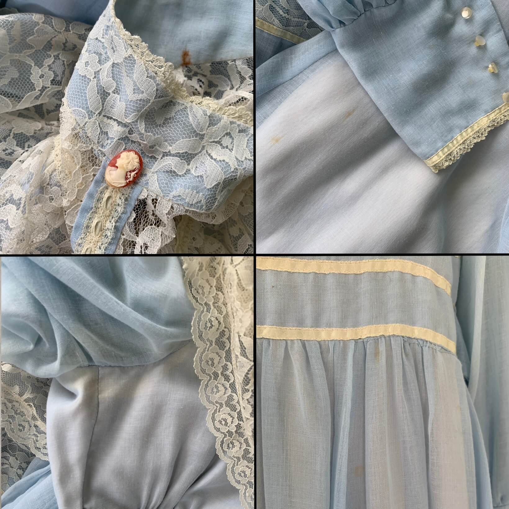wear details on the blue dress divided into four sections