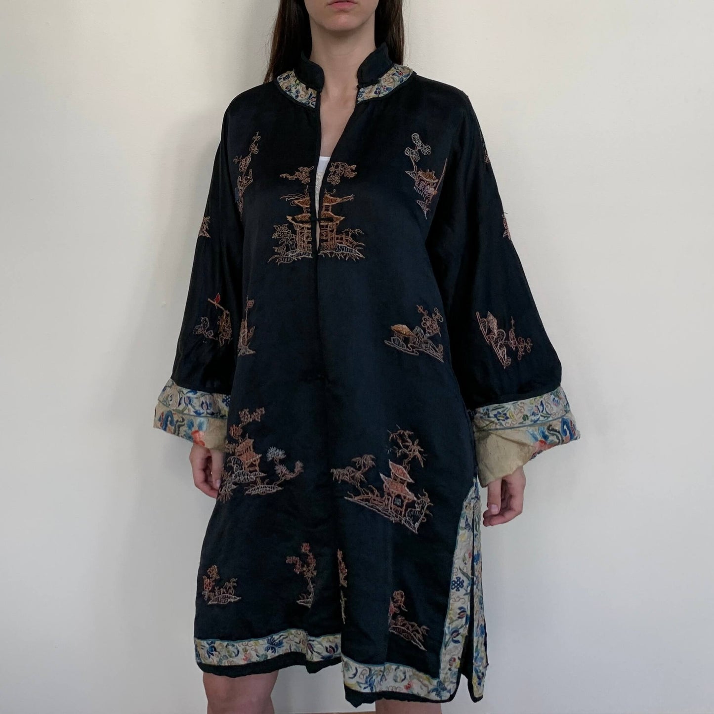 Antique Chinese Embroidered Silk Robe in black on a model