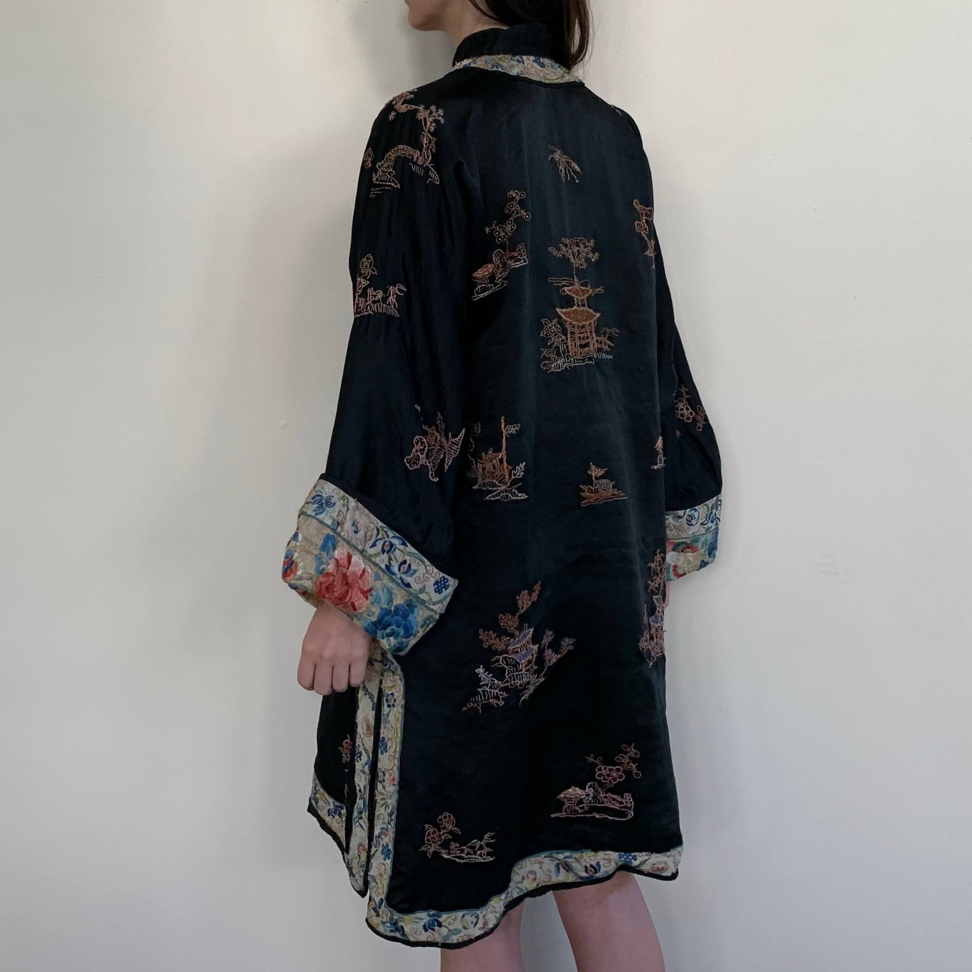 back view of a vintage chinese silk robe