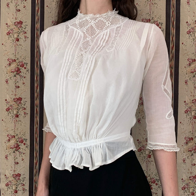 Edwardian Lace Blouse with Irish lace on the front and gathered waist