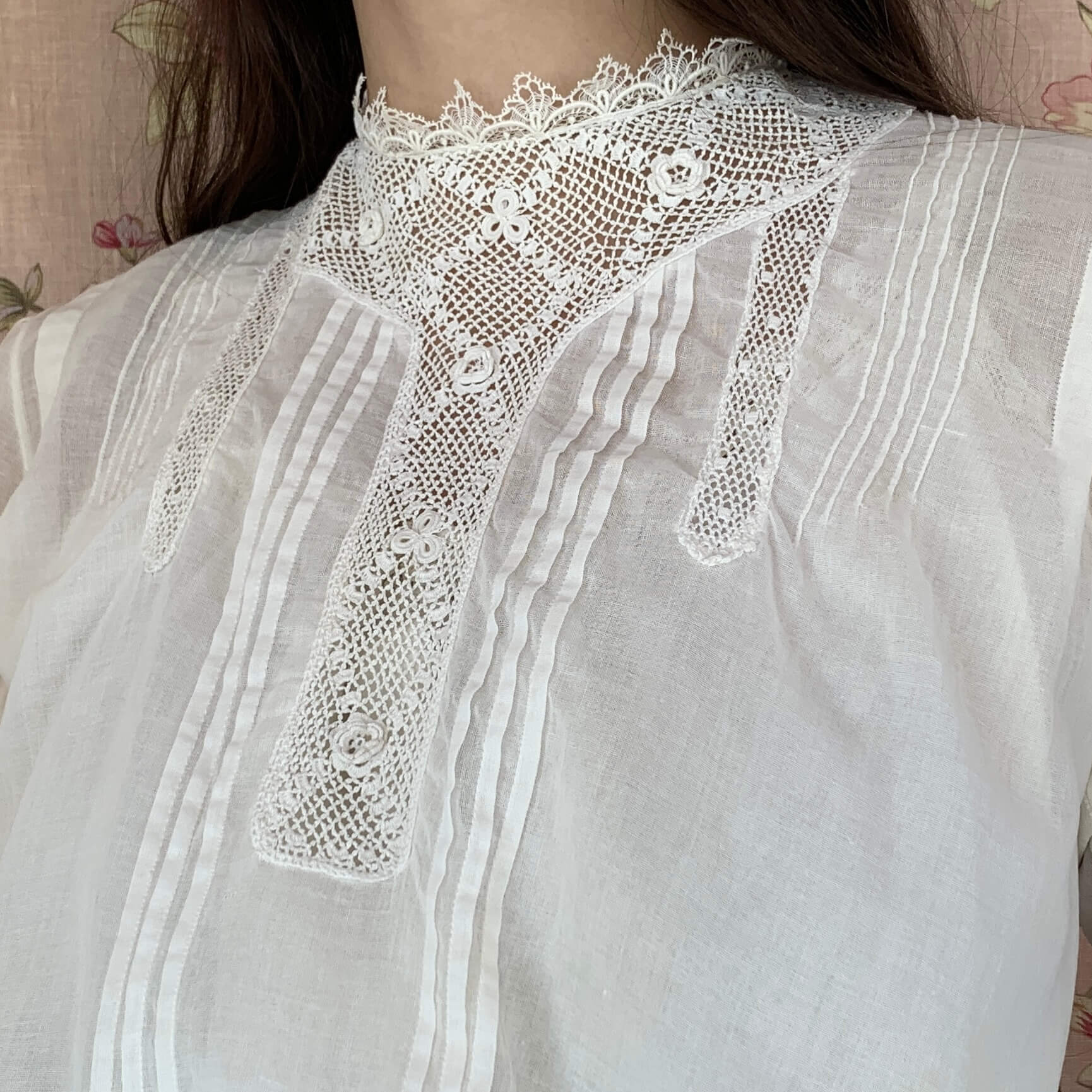 Irish crochet detail on a white edwardian top