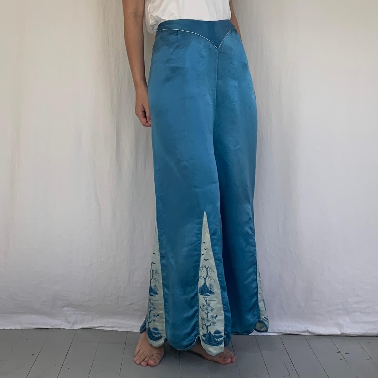 vintage beach pajama pants shown on a model