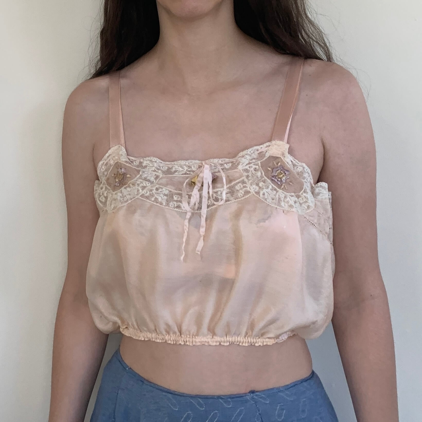 vintage 1920s camisole in light pink silk with embroidered flowers