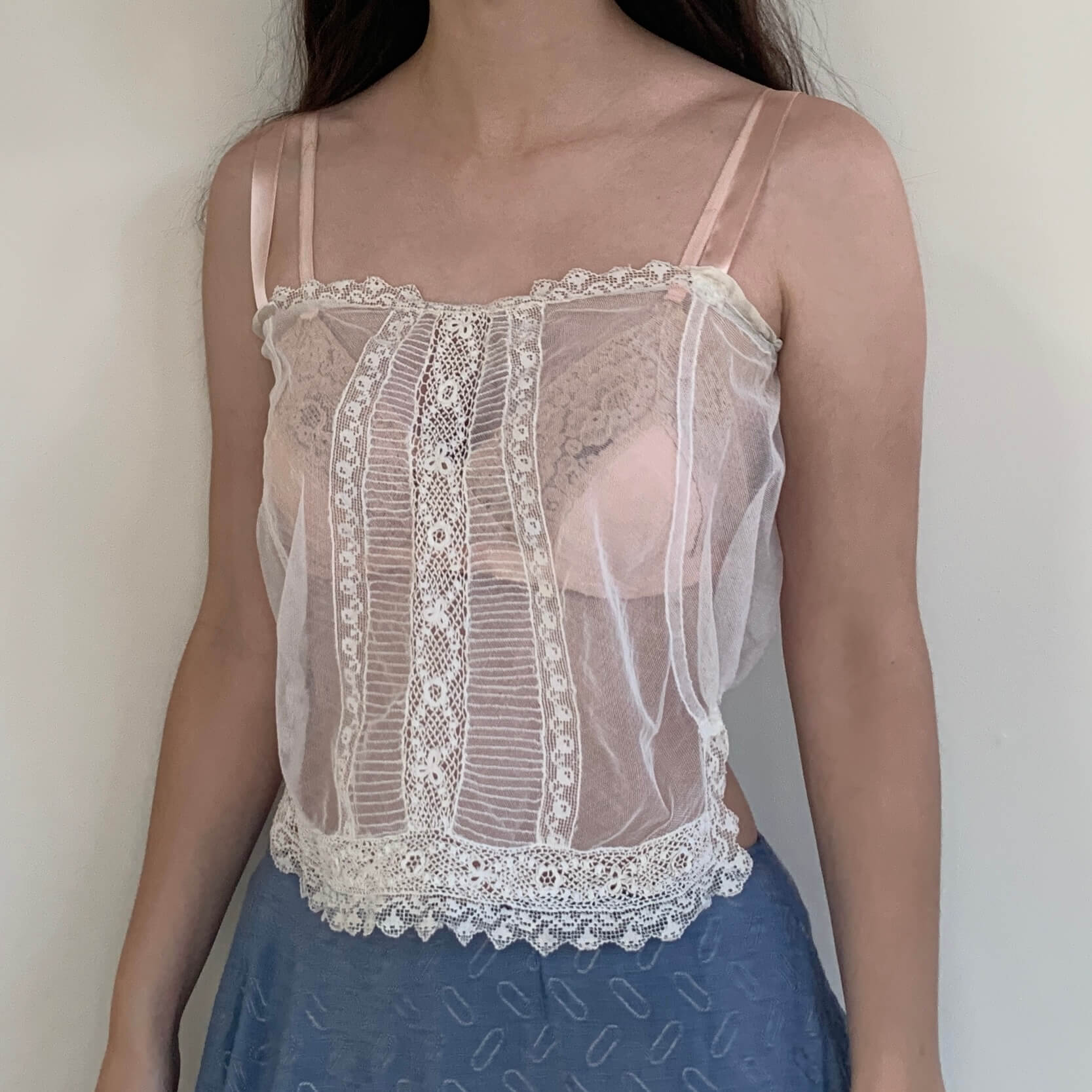 Edwardian Handmade lace corset cover on model