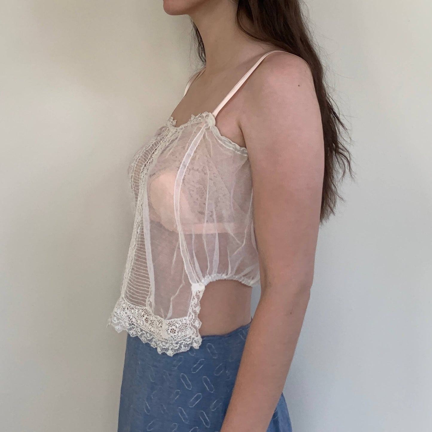 Sheer lace edwardian camisole on model view from the side