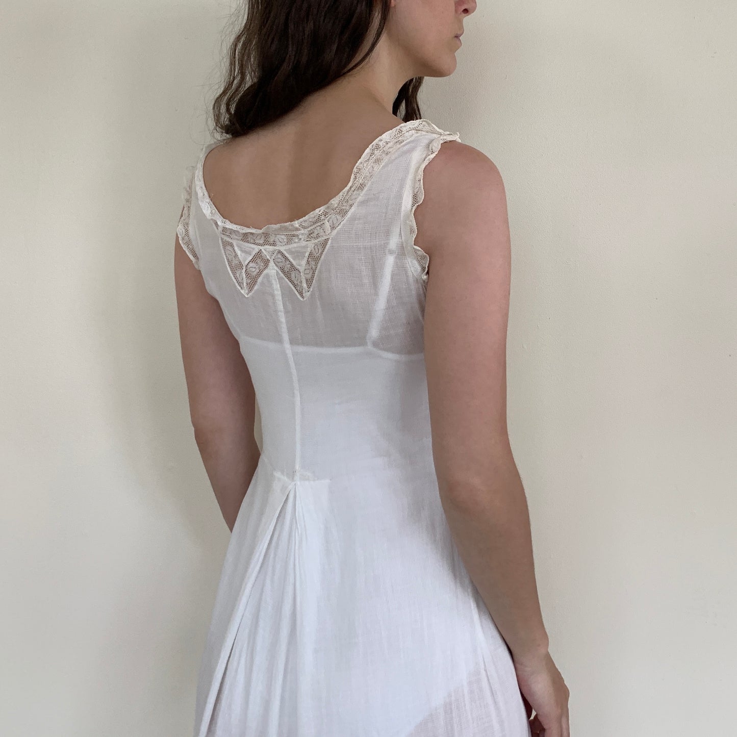Edwardian princess slip in white cotton with insertion lace trim