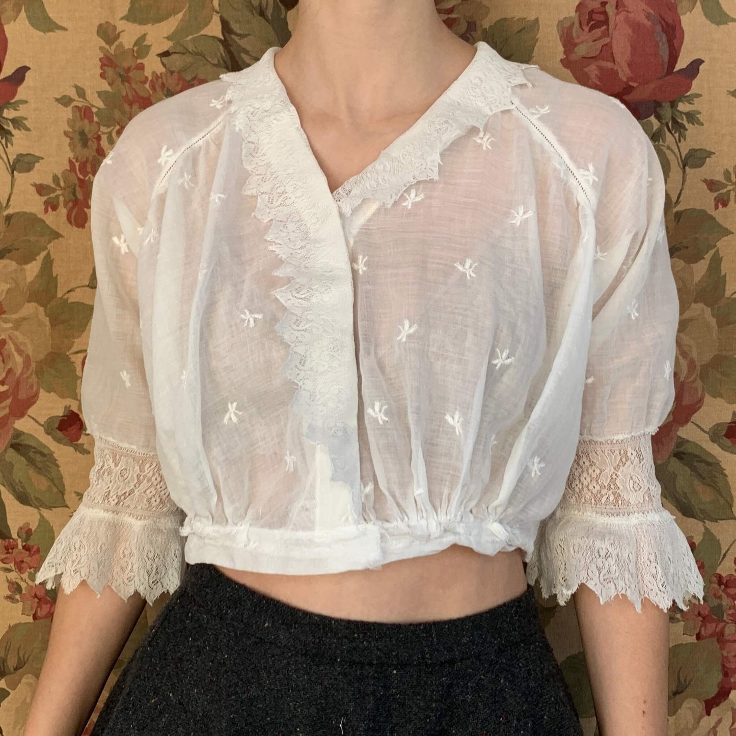White Edwardian Blouse with embroidered flowers and lace sleeves