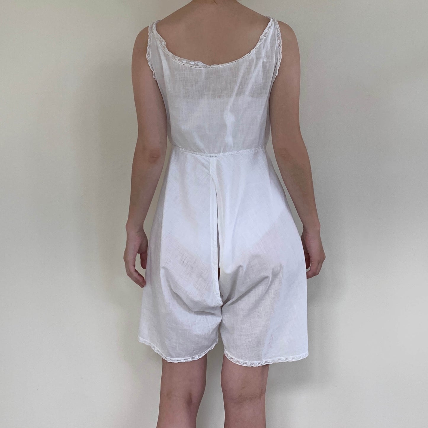 back view of the white chemise showing the split leg bloomers