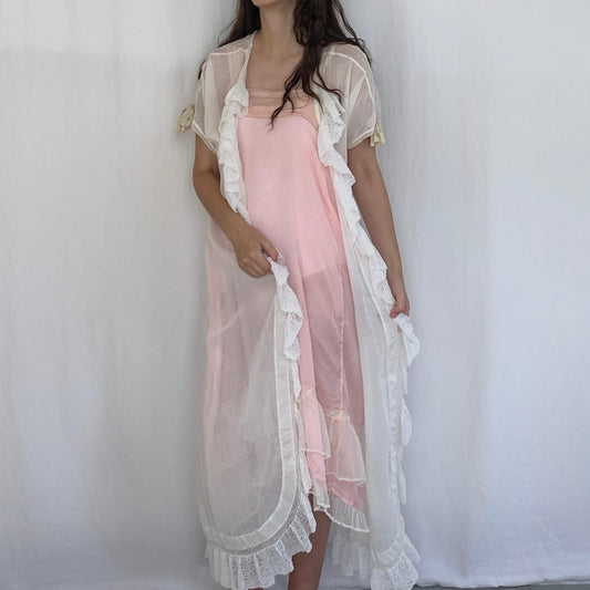 Edwardian dressing gown in sheer white cotton with ruffles
