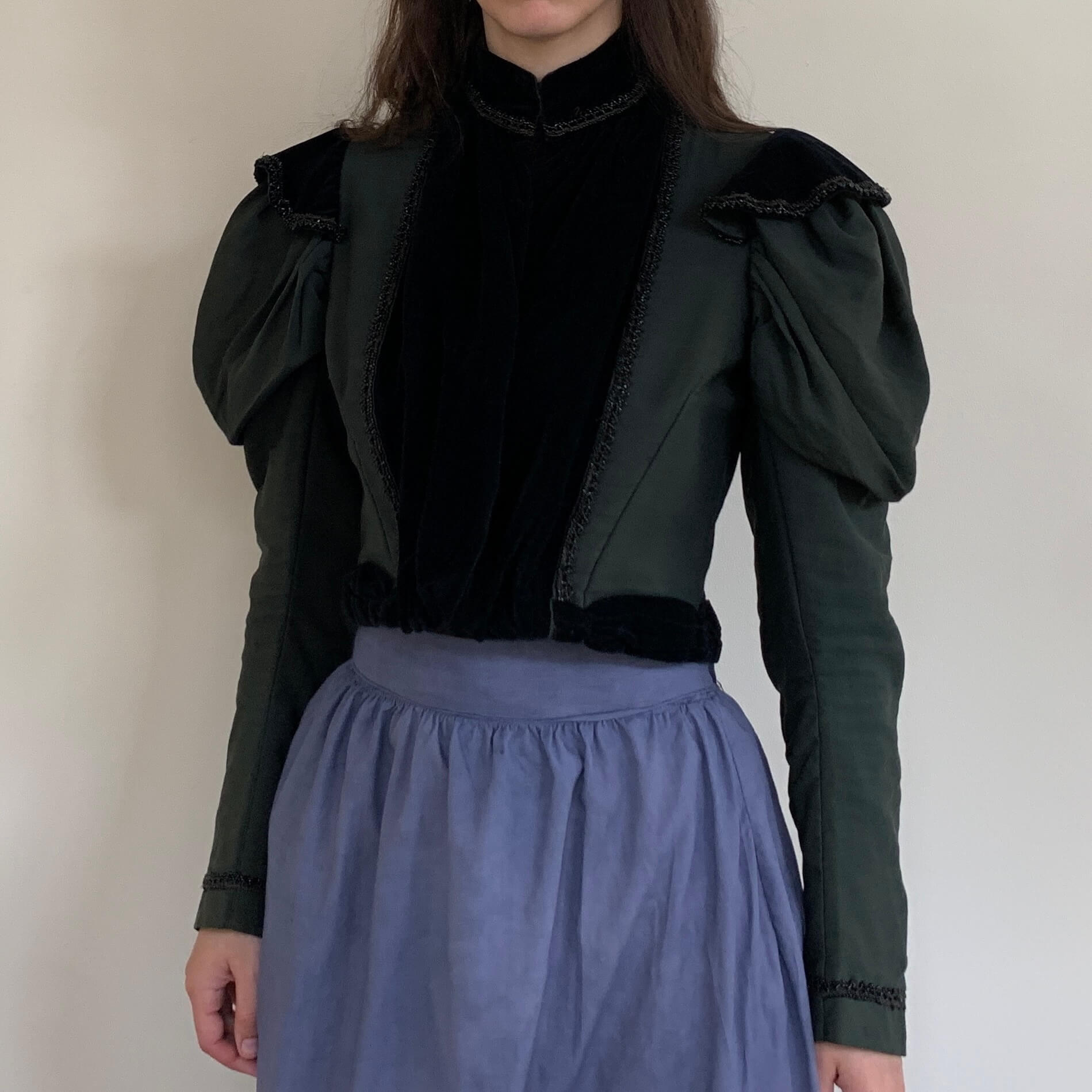 1890s Gigot Sleeve Victorian Bodice in black wool with velvet panels and black glass beads