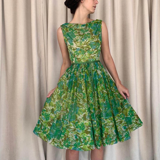 Vintage 1960s green vintage dress with abstract floral patterned chiffon