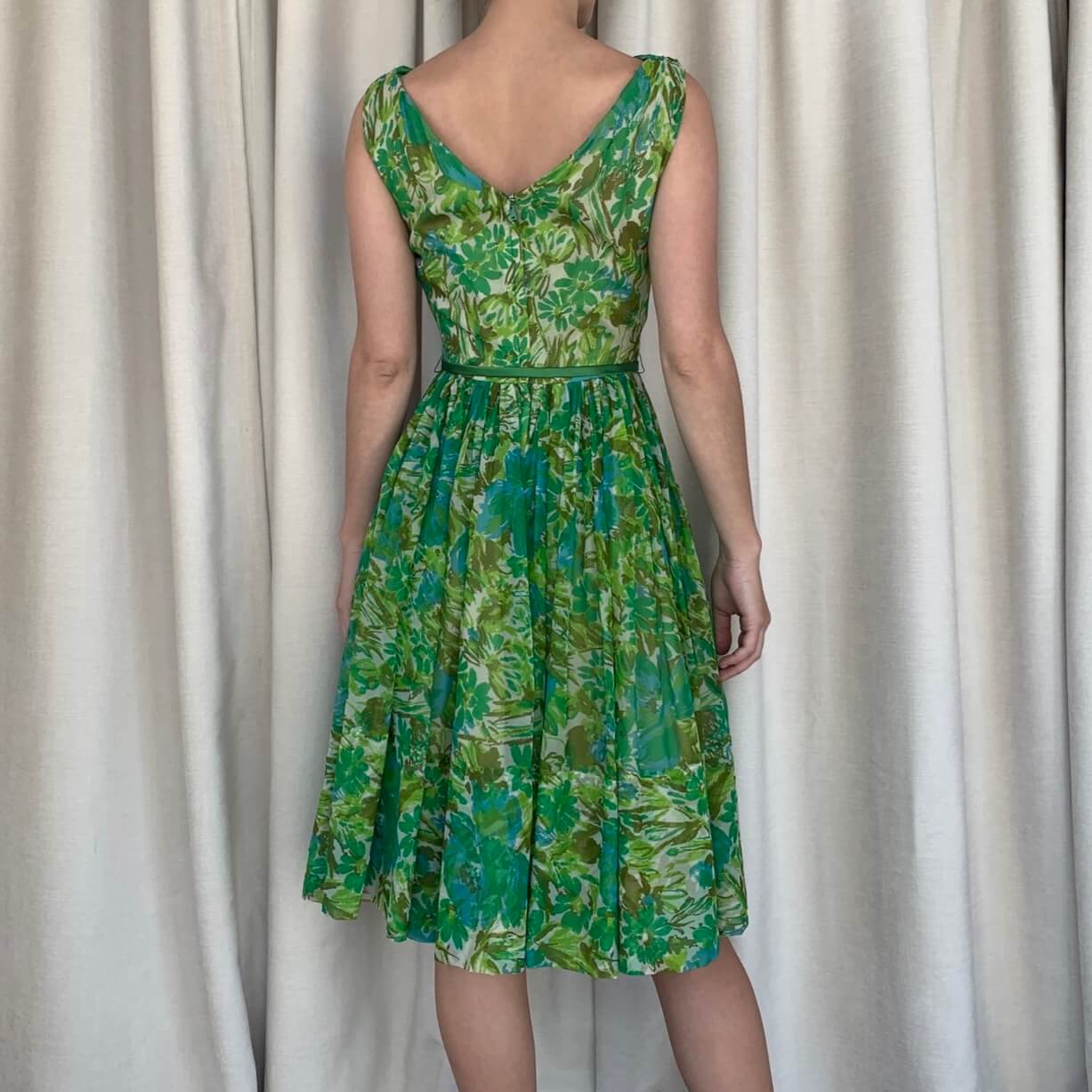 1960s Chiffon Green Vintage Dress Back view