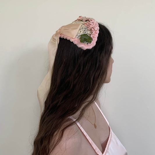 vintage 50s pink floral half hat with a back ribbon bow