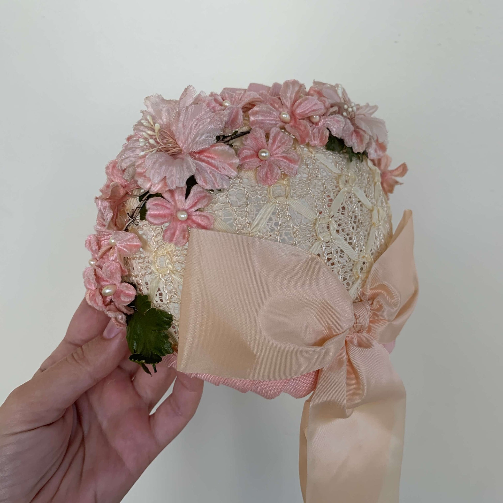 vintage juliette cap made of white lace with pink velvet flowers and white pearl stamens
