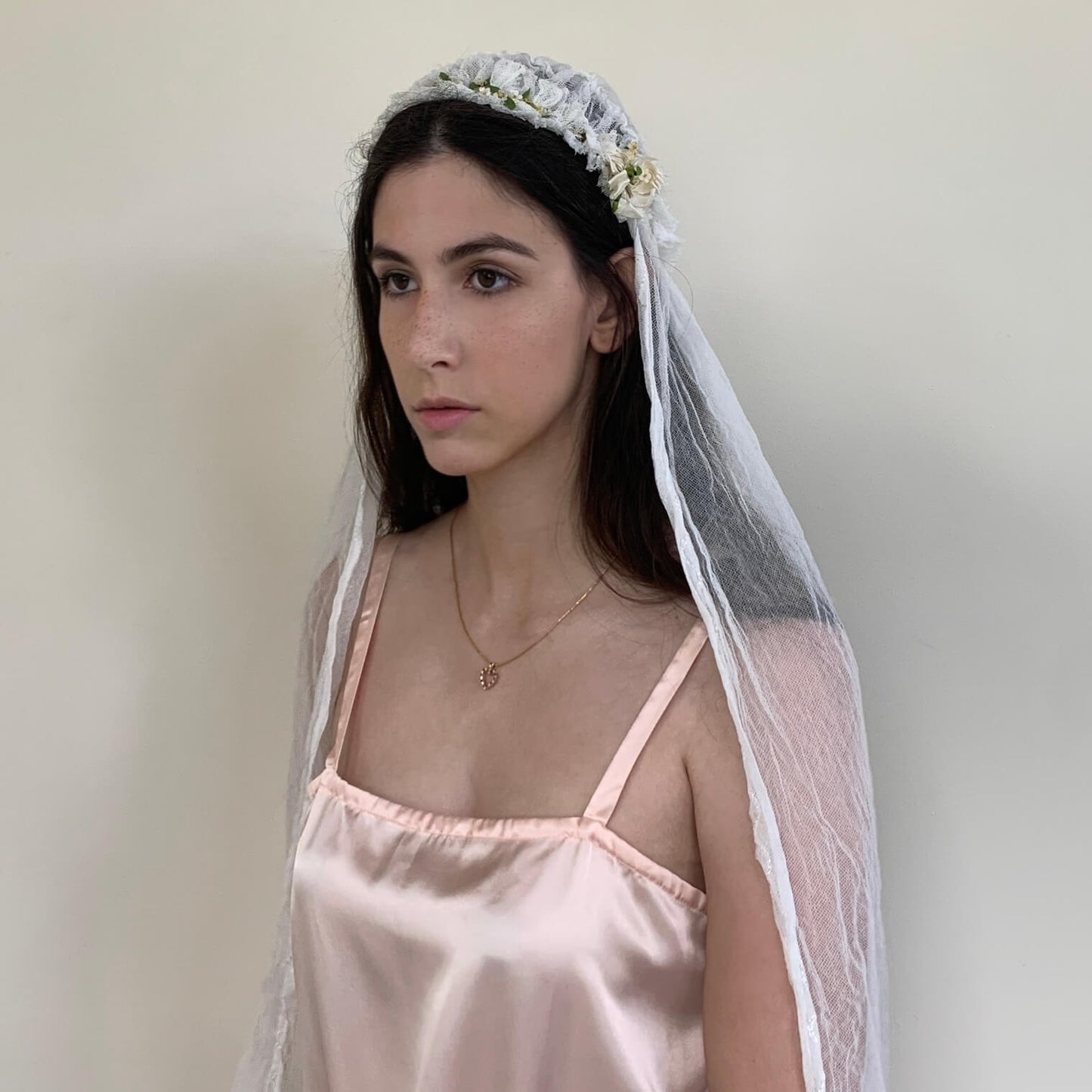 additional view of model wearing 1920s wedding veil