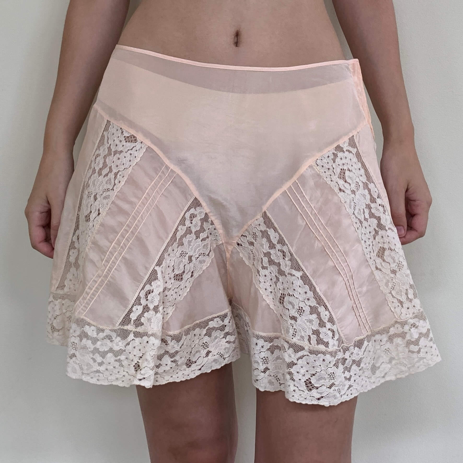 Vintage Pink Silk Tap Pants from the 1930s with insertion lace