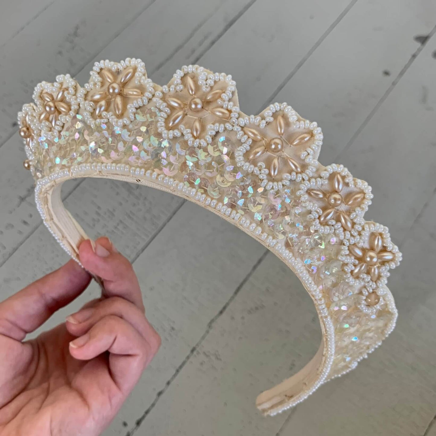 1930s vIntage pearl crown with ivory beaded flowers and iridescent sequins