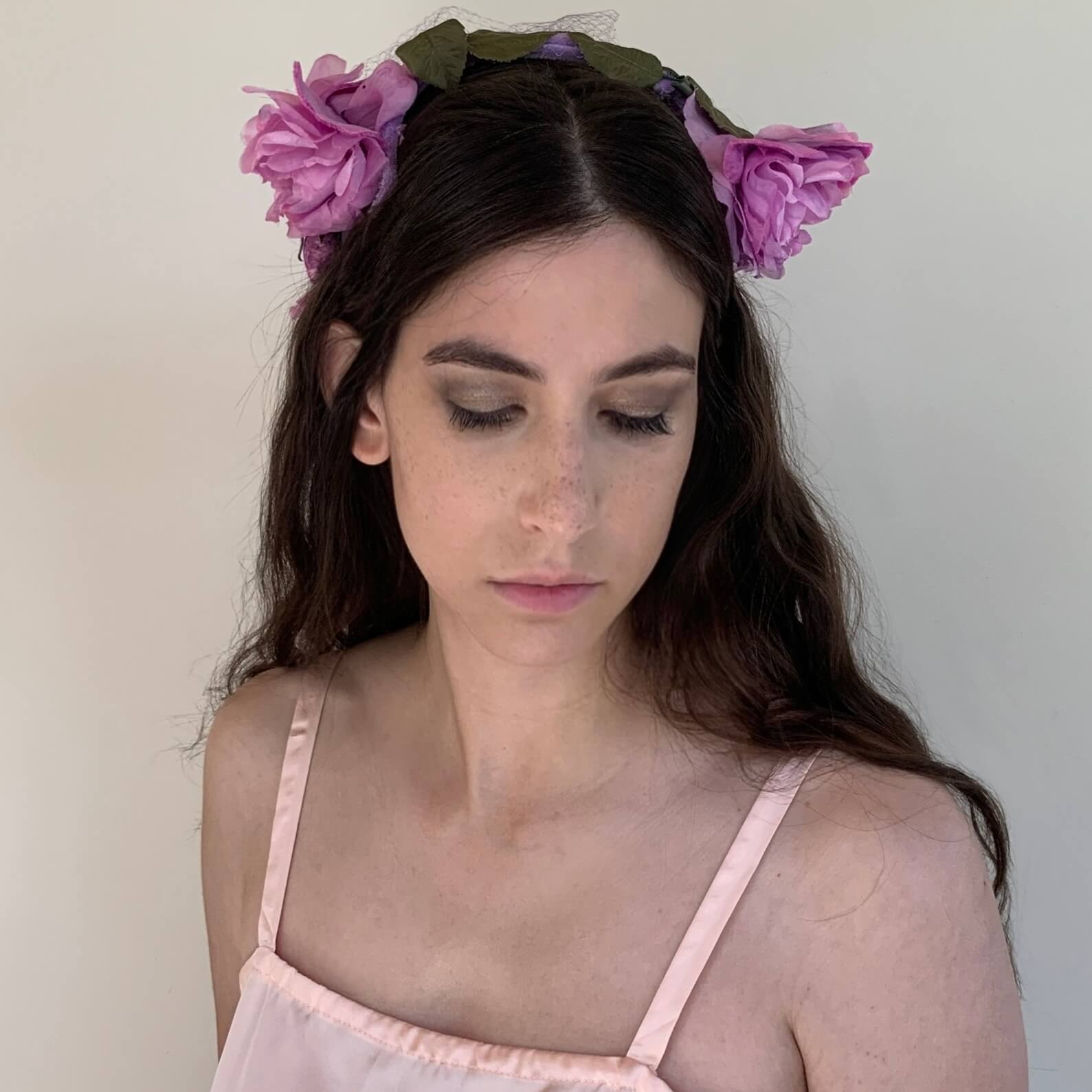 Vintage Purple Flower crown front view on a model