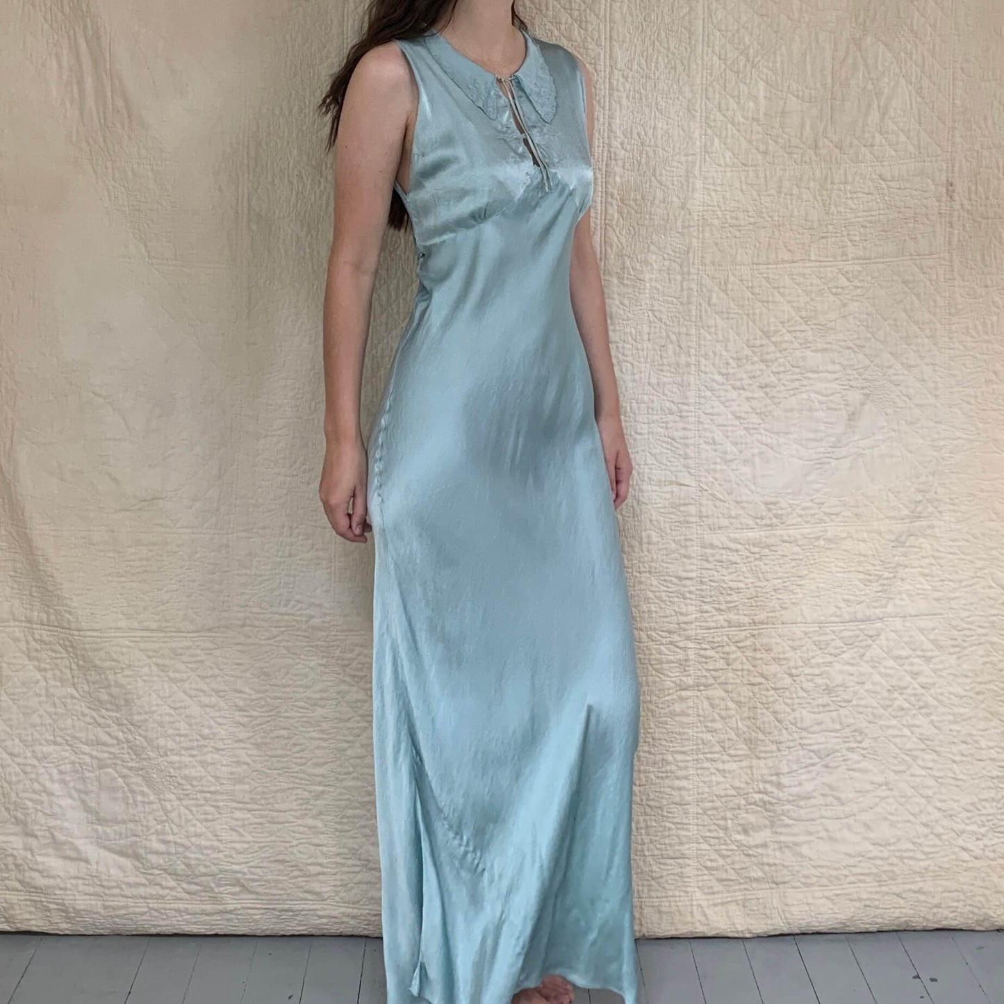 blue silk 1930s nightgown on model