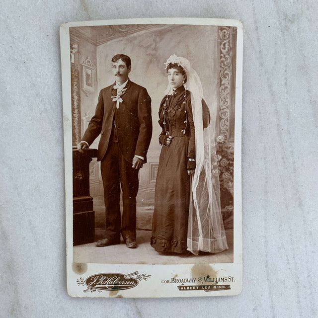 Cabinet card from the 1880s with a newly married couple