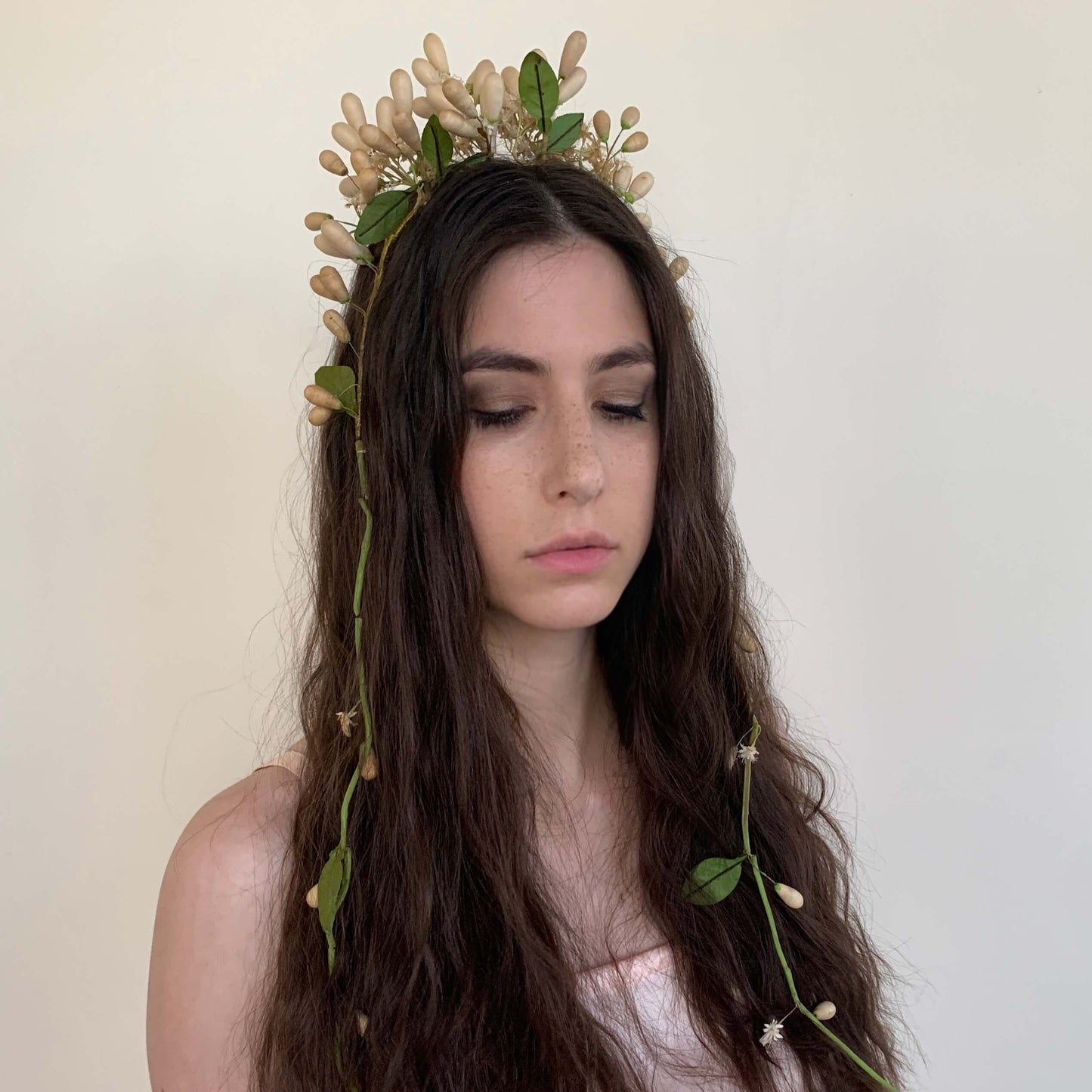 Ivory victorian headdress with wax flowers