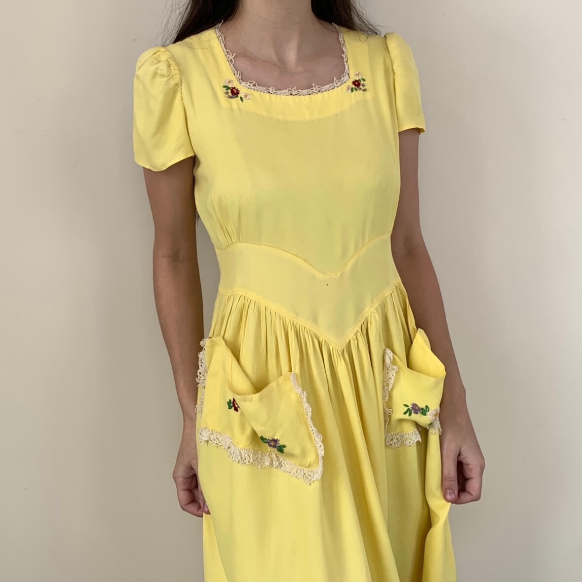 vintage yellow dress additional view on model