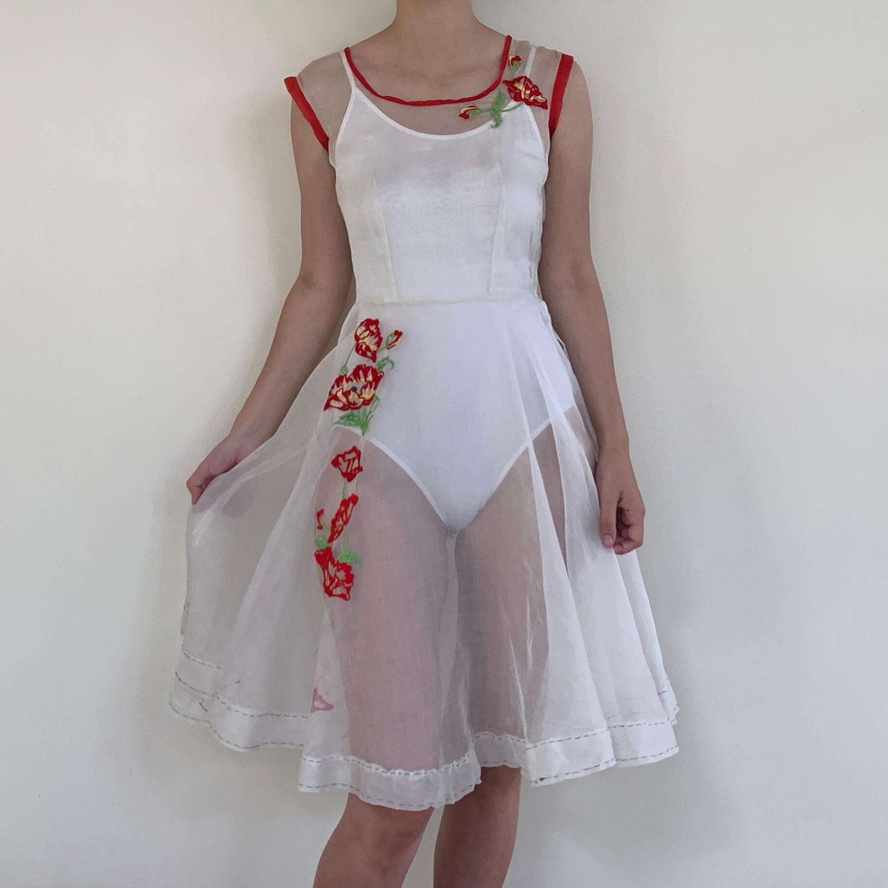 1930s floral dress in sheer white with red trim