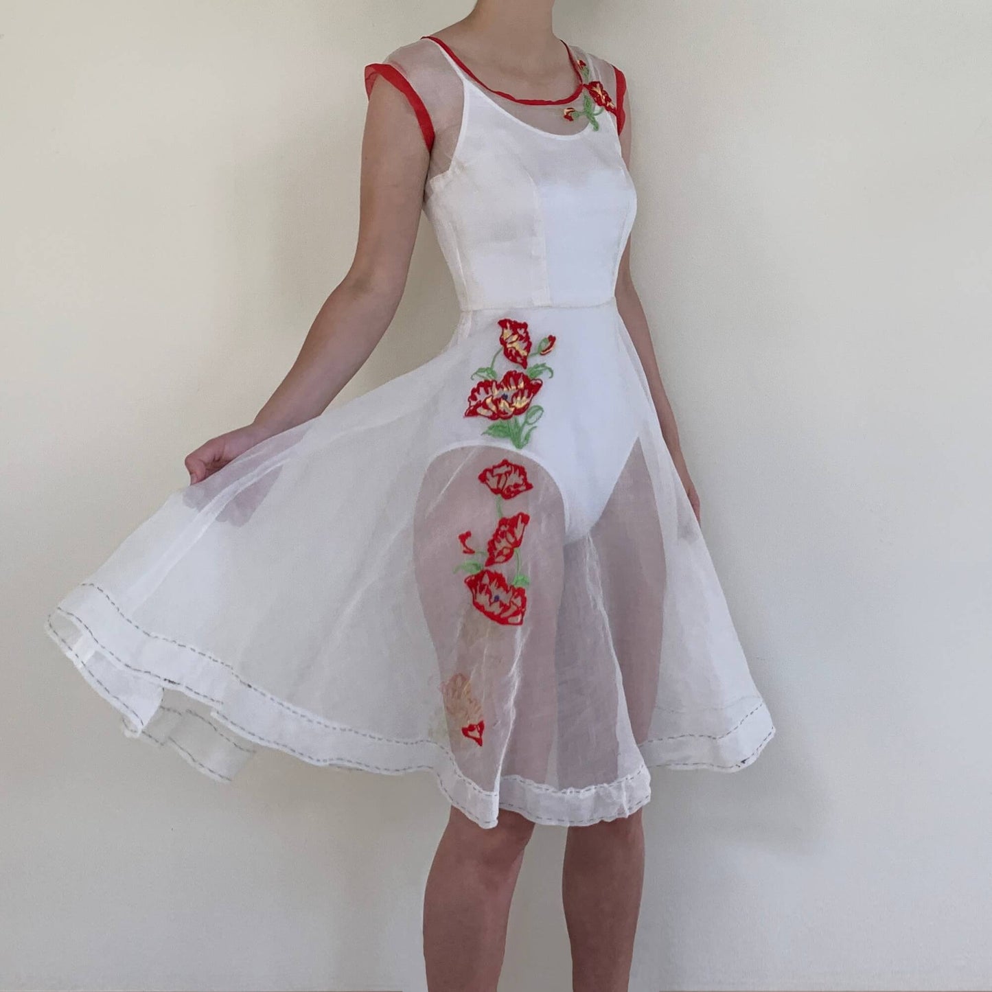 1930s vintage embroidered dress in sheer white fabric with red flowers