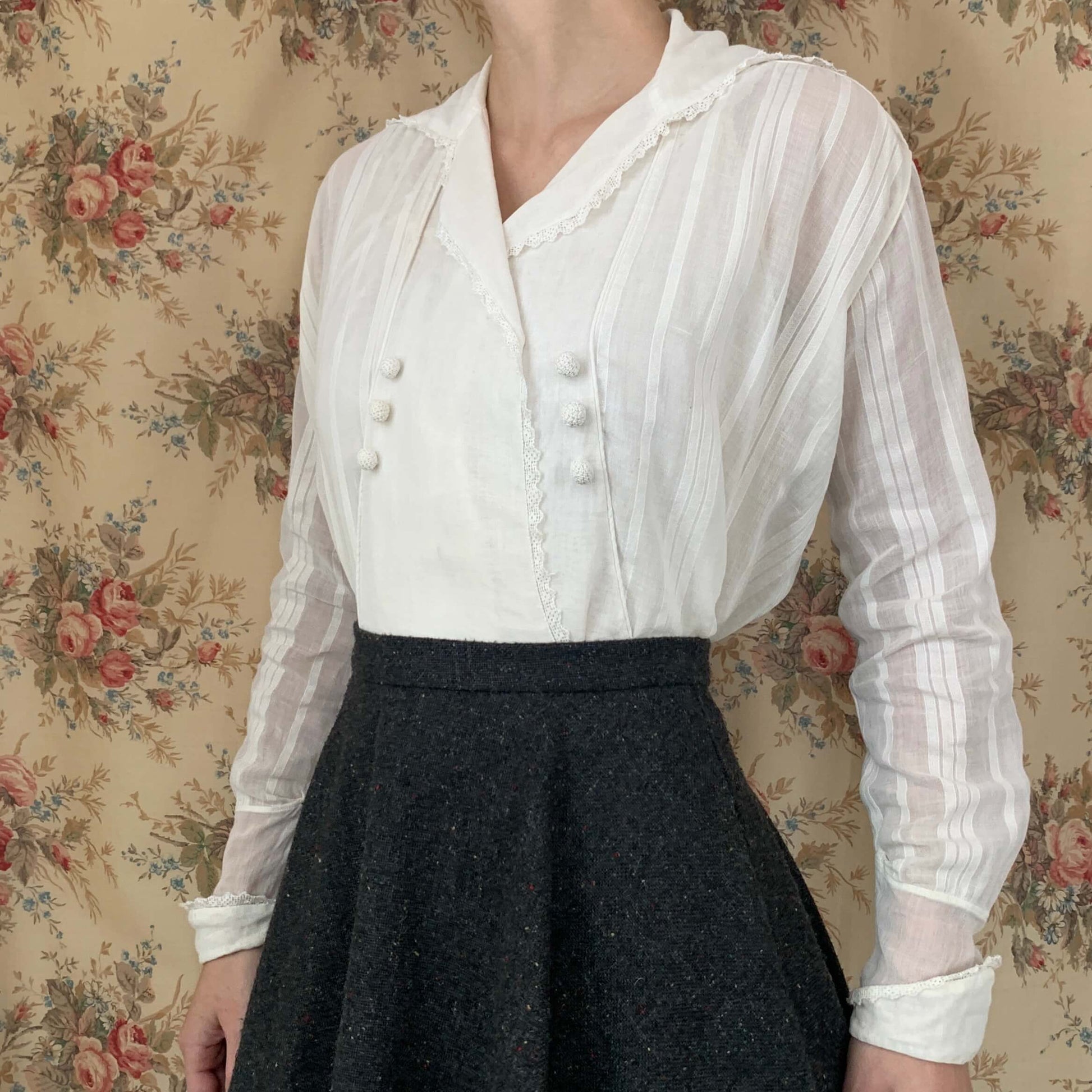white striped cotton Edwardian Blouse with crochet buttons shown on model