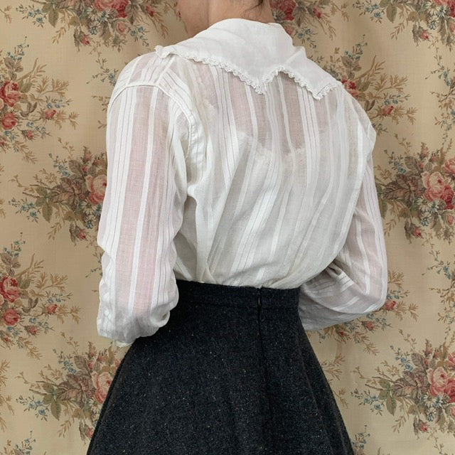 White Edwardian blouse with a sailor collar and striped cotton fabric view from the back