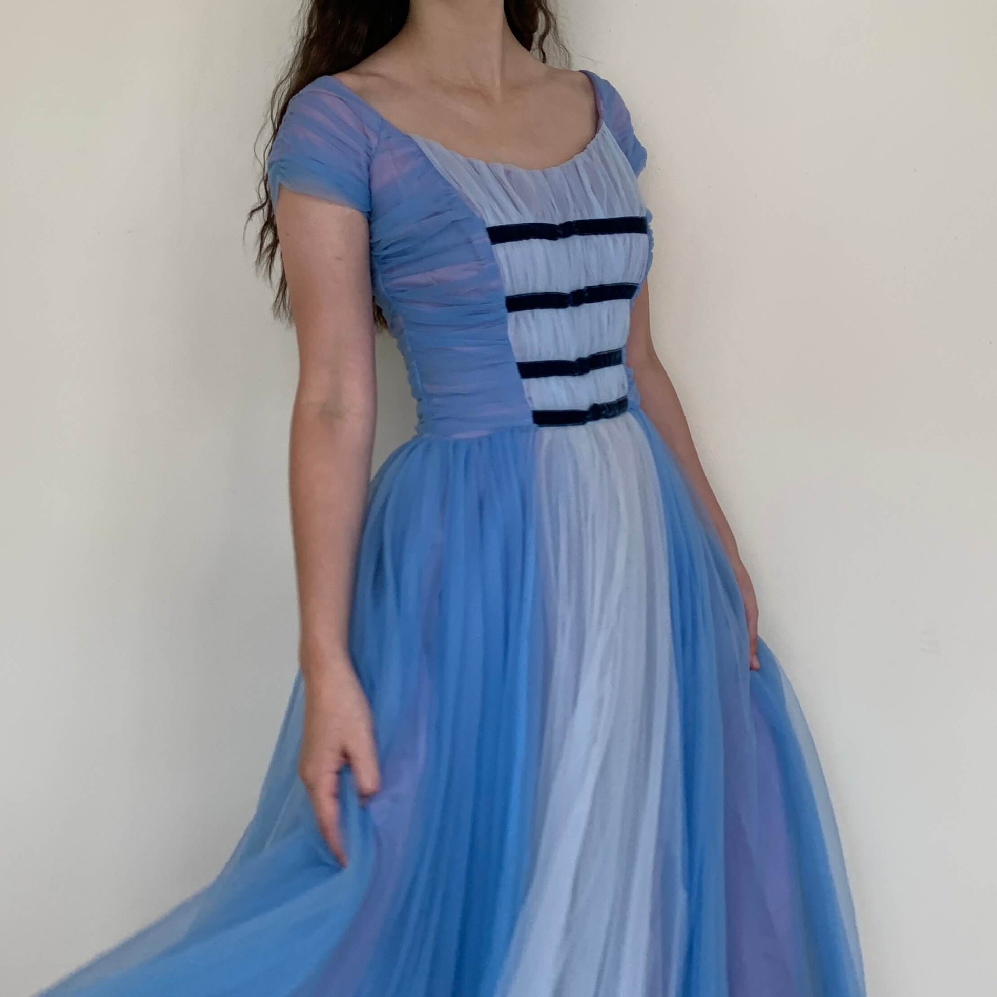 50s vintage tulle dress in blue with cap sleeves
